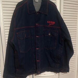 GUESS Men's Dark Blue Jacket with Red Stitching